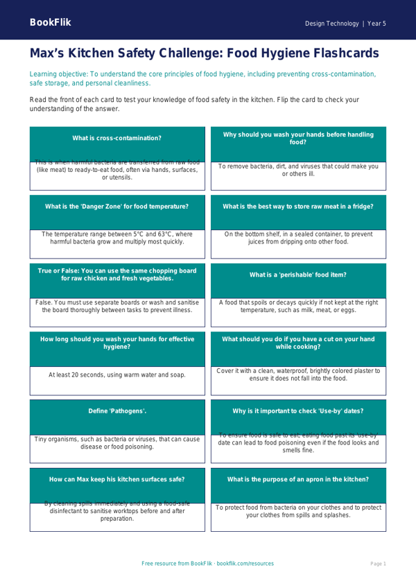 Free Food Hygiene Flashcards | Grade 4 | Design Technology | BookFlik worksheet preview — Design-Technology Food Hygiene