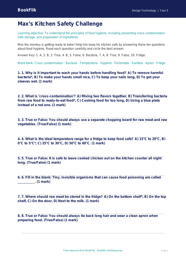 Free Food Hygiene Quiz | Grade 4 | Design Technology | BookFlik worksheet preview — Design-Technology Food Hygiene
