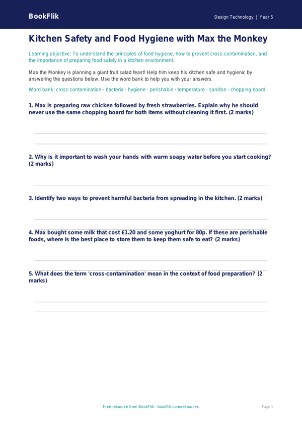 Free Food Hygiene Worksheet | Grade 4 | Design Technology | BookFlik worksheet preview — Design-Technology Food Hygiene