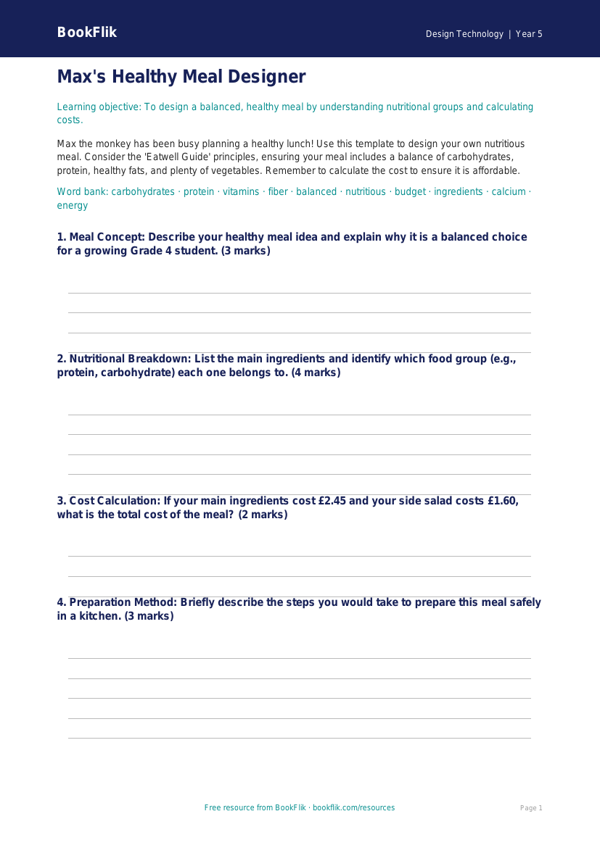 Free Healthy Meals Template | Grade 4 | Design Technology | BookFlik worksheet preview — Design-Technology Healthy Meals