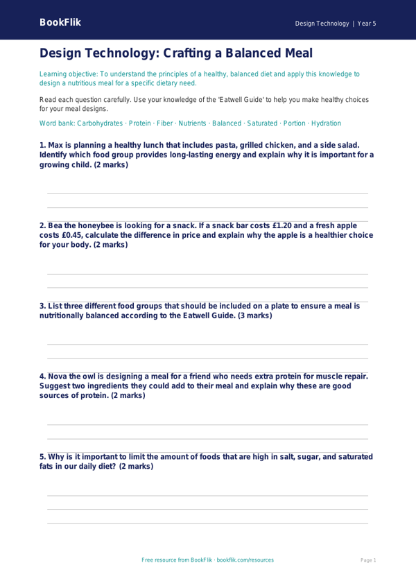 Free Healthy Meals Worksheet | Grade 4 | Design Technology | BookFlik worksheet preview — Design-Technology Healthy Meals