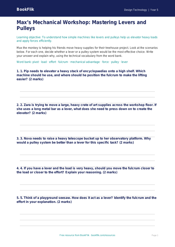 Free Levers And Pulleys Activity Sheet | Grade 4 | Design Technology | BookFlik worksheet preview — Design-Technology Levers And Pulleys