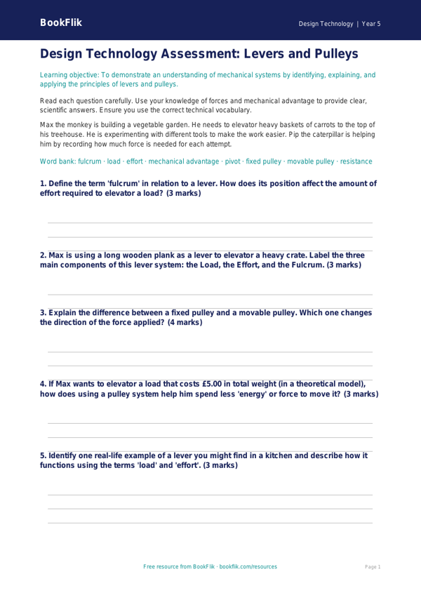 Free Levers And Pulleys Assessment | Grade 4 | Design Technology | BookFlik worksheet preview — Design-Technology Levers And Pulleys