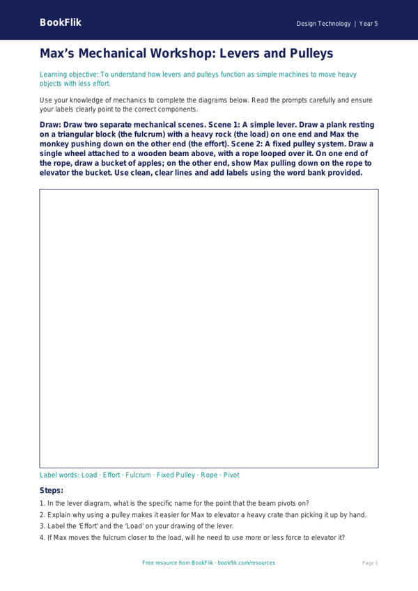 Free Levers And Pulleys Drawing Sheet | Grade 4 | Design Technology | BookFlik worksheet preview — Design-Technology Levers And Pulleys