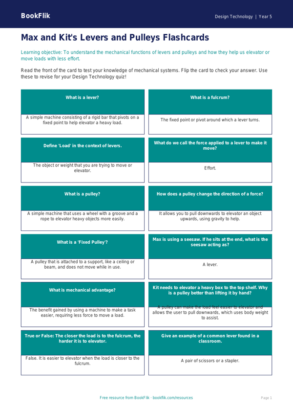 Free Levers And Pulleys Flashcards | Grade 4 | Design Technology | BookFlik worksheet preview — Design-Technology Levers And Pulleys