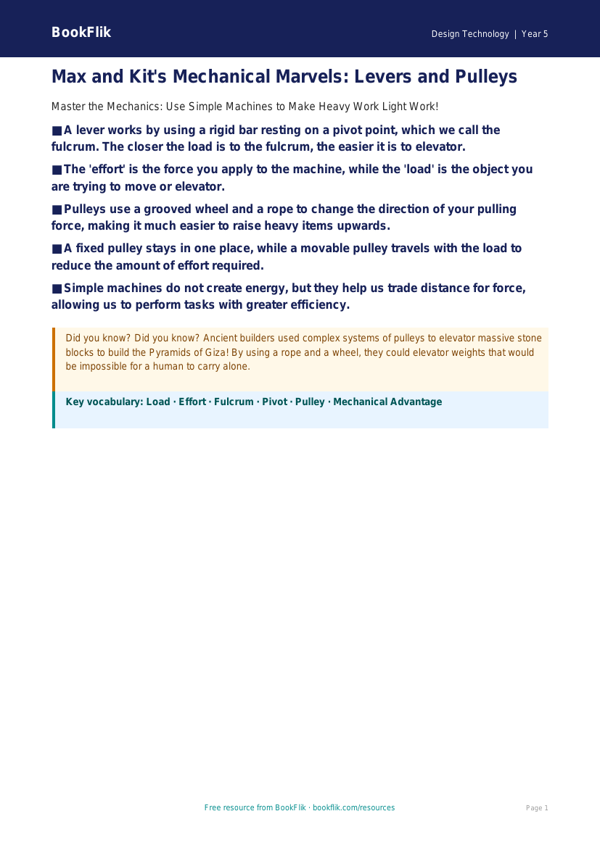 Free Levers And Pulleys Poster | Grade 4 | Design Technology | BookFlik worksheet preview — Design-Technology Levers And Pulleys