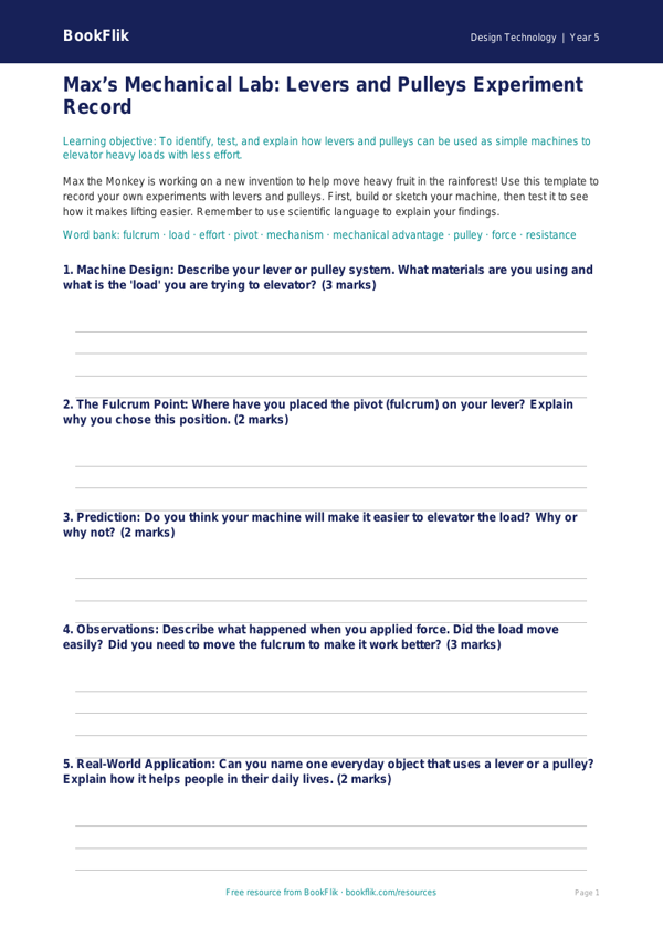 Free Levers And Pulleys Template | Grade 4 | Design Technology | BookFlik worksheet preview — Design-Technology Levers And Pulleys