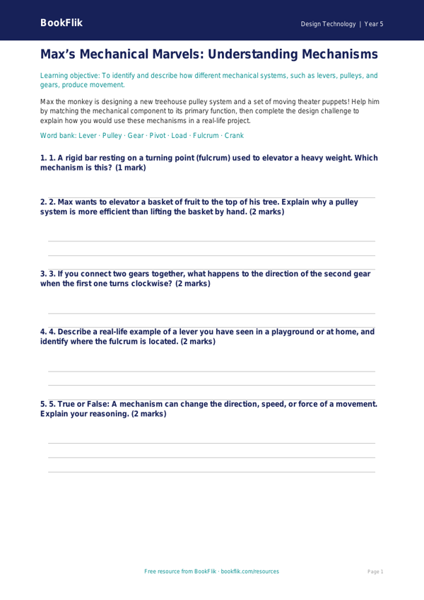 Free Mechanisms Activity Sheet | Grade 4 | Design Technology | BookFlik worksheet preview — Design-Technology Mechanisms