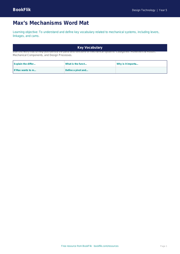Free Mechanisms Word Mat | Grade 4 | Design Technology | BookFlik worksheet preview — Design-Technology Mechanisms