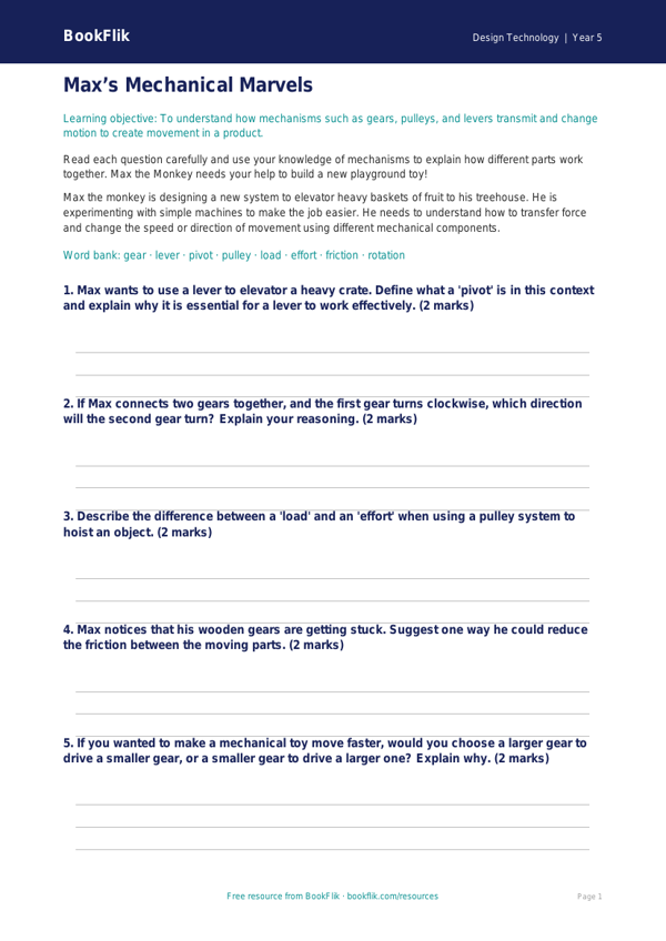 Free Mechanisms Worksheet | Grade 4 | Design Technology | BookFlik worksheet preview — Design-Technology Mechanisms