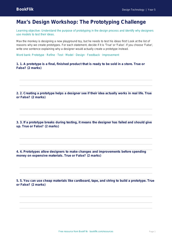 Free Prototyping Activity Sheet | Grade 4 | Design Technology | BookFlik worksheet preview — Design-Technology Prototyping