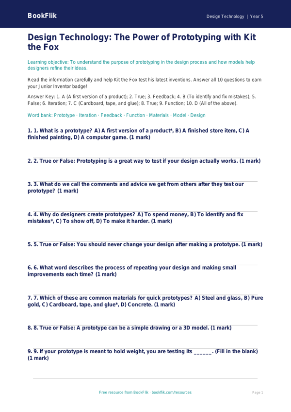 Free Prototyping Quiz | Grade 4 | Design Technology | BookFlik worksheet preview — Design-Technology Prototyping