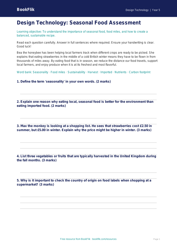 Free Seasonal Food Assessment | Grade 4 | Design Technology | BookFlik worksheet preview — Design-Technology Seasonal Food