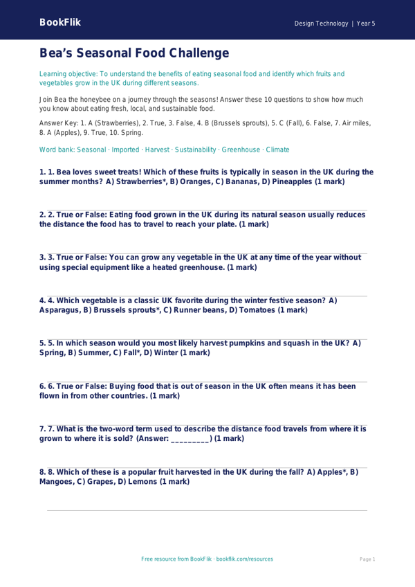 Free Seasonal Food Quiz | Grade 4 | Design Technology | BookFlik worksheet preview — Design-Technology Seasonal Food