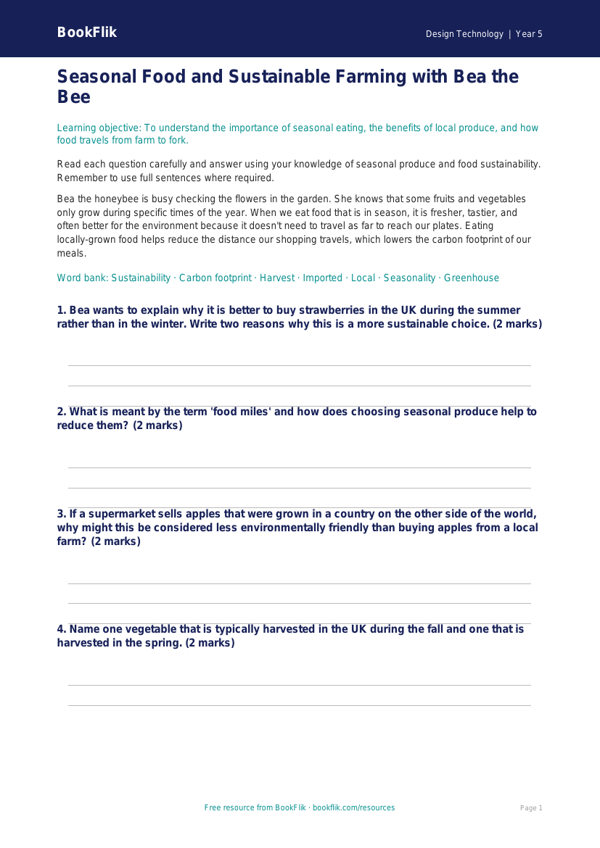 Free Seasonal Food Worksheet | Grade 4 | Design Technology | BookFlik worksheet preview — Design-Technology Seasonal Food