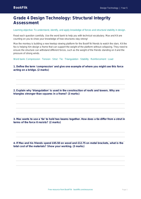 Free Structures Assessment | Grade 4 | Design Technology | BookFlik worksheet preview — Design-Technology Structures