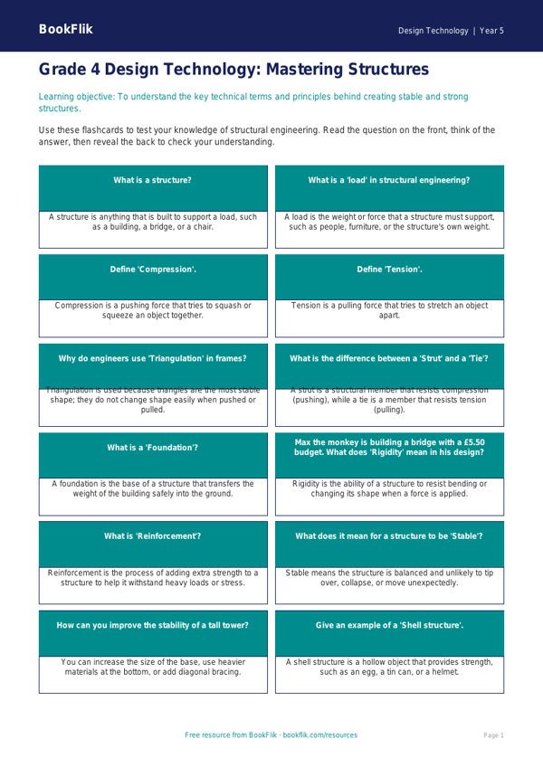 Free Structures Flashcards | Grade 4 | Design Technology | BookFlik worksheet preview — Design-Technology Structures