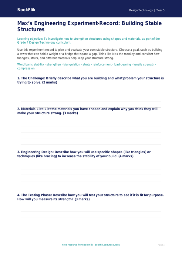 Free Structures Template | Grade 4 | Design Technology | BookFlik worksheet preview — Design-Technology Structures