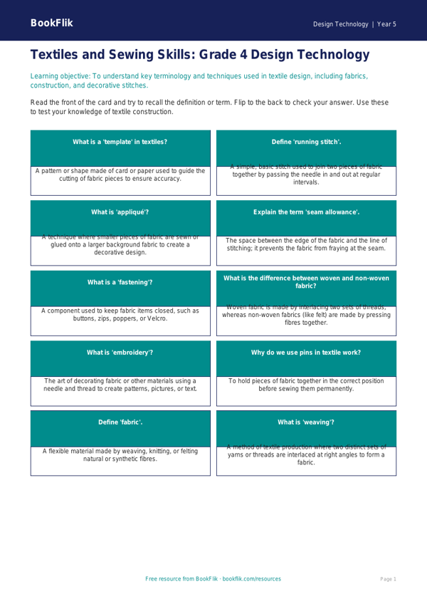 Free Textiles Flashcards | Grade 4 | Design Technology | BookFlik worksheet preview — Design-Technology Textiles
