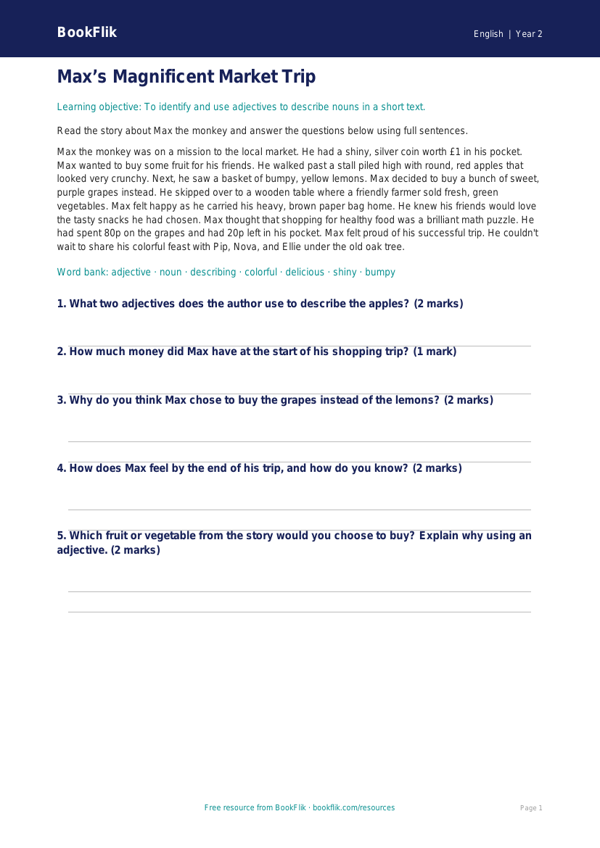 Free Adjectives Comprehension | Grade 1 | ELA | BookFlik worksheet preview — English Adjectives