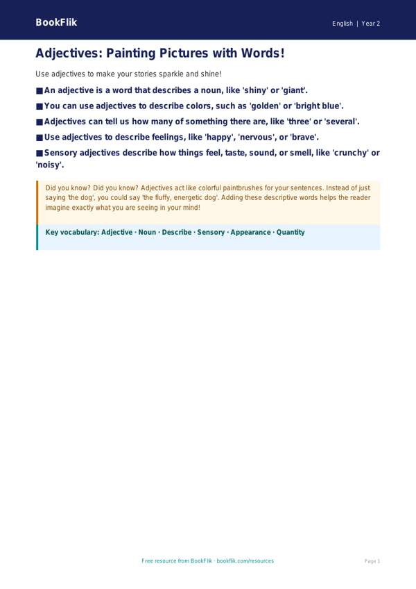 Free Adjectives Poster | Grade 1 | ELA | BookFlik worksheet preview — English Adjectives