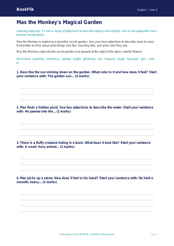 Free Adjectives Writing Frame | Grade 1 | ELA | BookFlik worksheet preview — English Adjectives