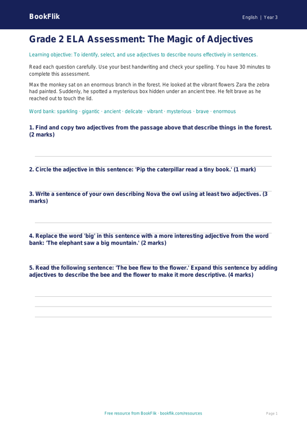 Free Adjectives Assessment | Grade 2 | ELA | BookFlik worksheet preview — English Adjectives