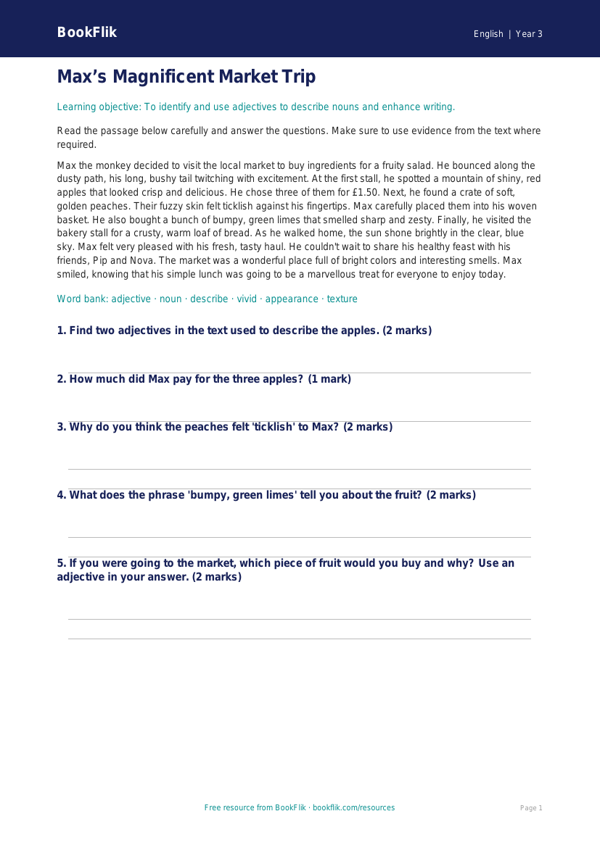 Free Adjectives Comprehension | Grade 2 | ELA | BookFlik worksheet preview — English Adjectives
