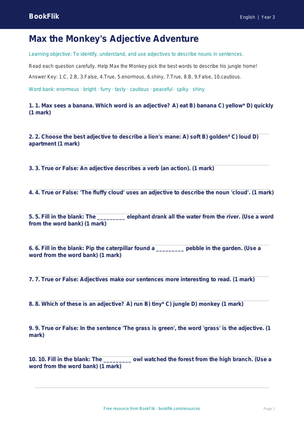 Free Adjectives Quiz | Grade 2 | ELA | BookFlik worksheet preview — English Adjectives