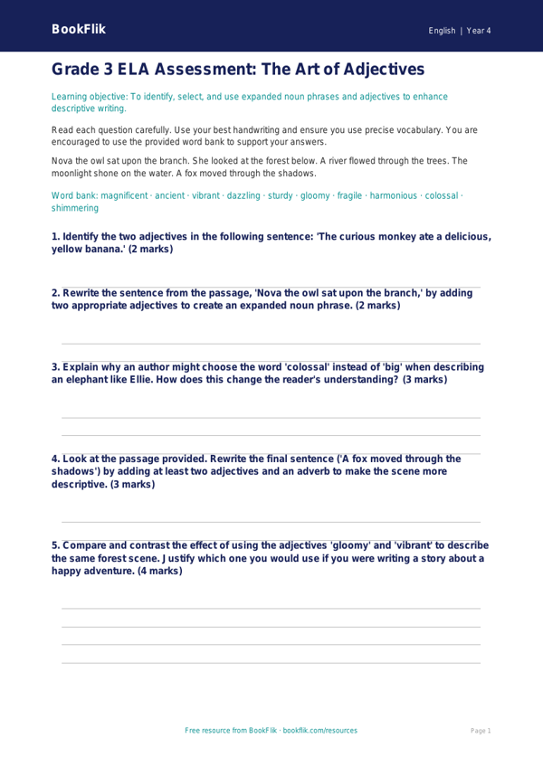 Free Adjectives Assessment | Grade 3 | ELA | BookFlik worksheet preview — English Adjectives