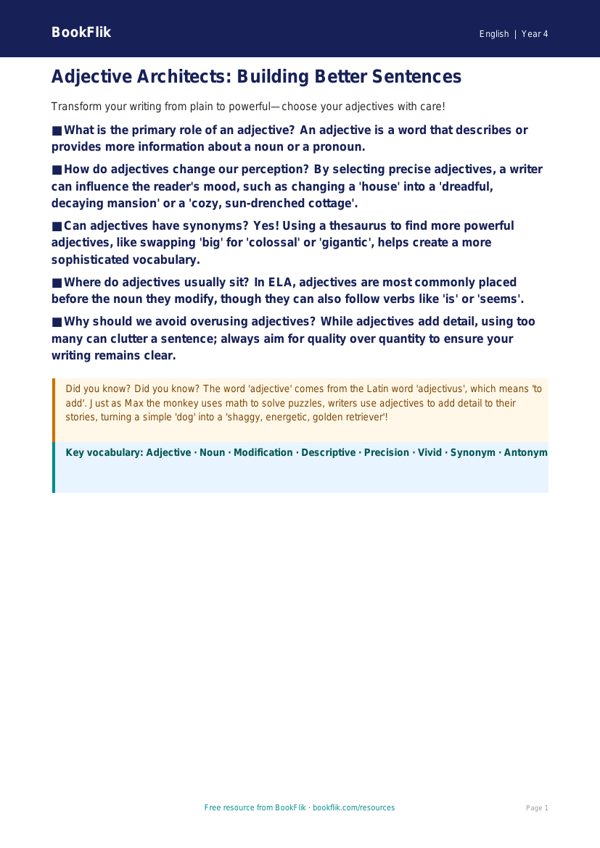 ELA adjectives poster grade 3 greater depth worksheet preview — English Adjectives