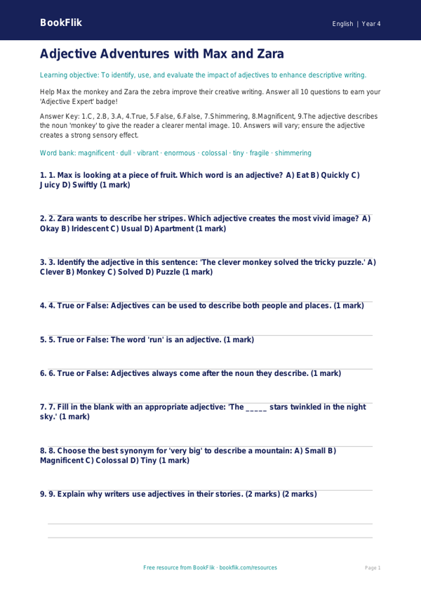 Free Adjectives Quiz | Grade 3 | ELA | BookFlik worksheet preview — English Adjectives