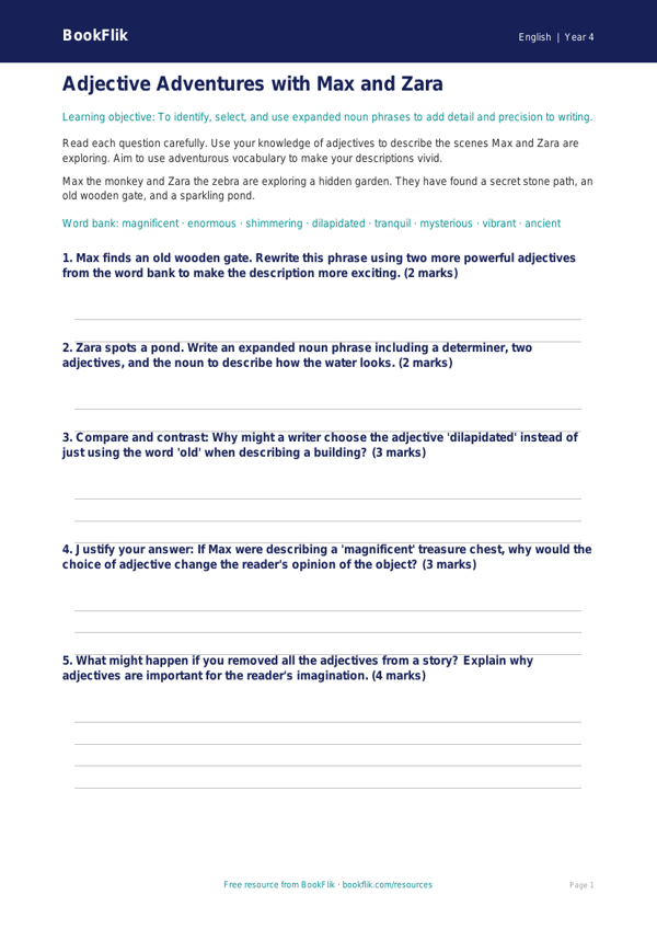 Free Adjectives Worksheet | Grade 3 | ELA | BookFlik worksheet preview — English Adjectives