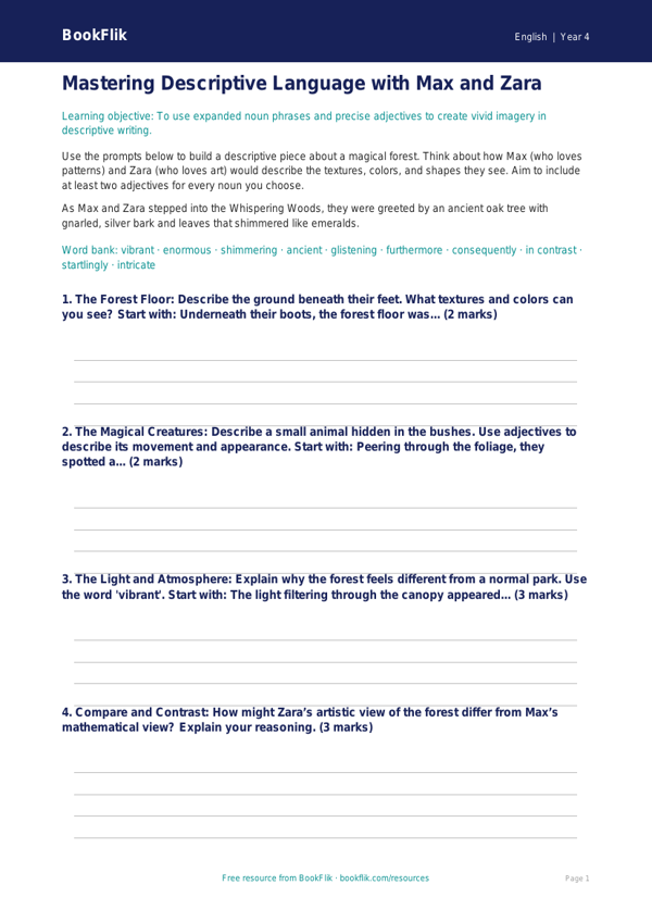 Free Adjectives Writing Frame | Grade 3 | ELA | BookFlik worksheet preview — English Adjectives