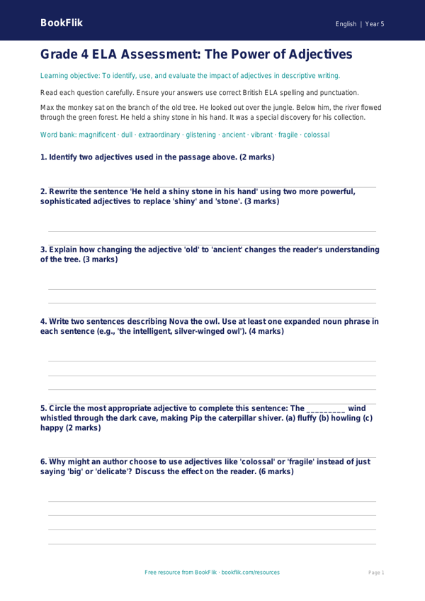 Free Adjectives Assessment | Grade 4 | ELA | BookFlik worksheet preview — English Adjectives