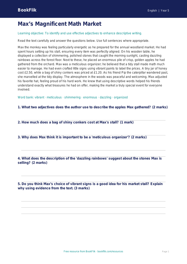 Free Adjectives Comprehension | Grade 4 | ELA | BookFlik worksheet preview — English Adjectives