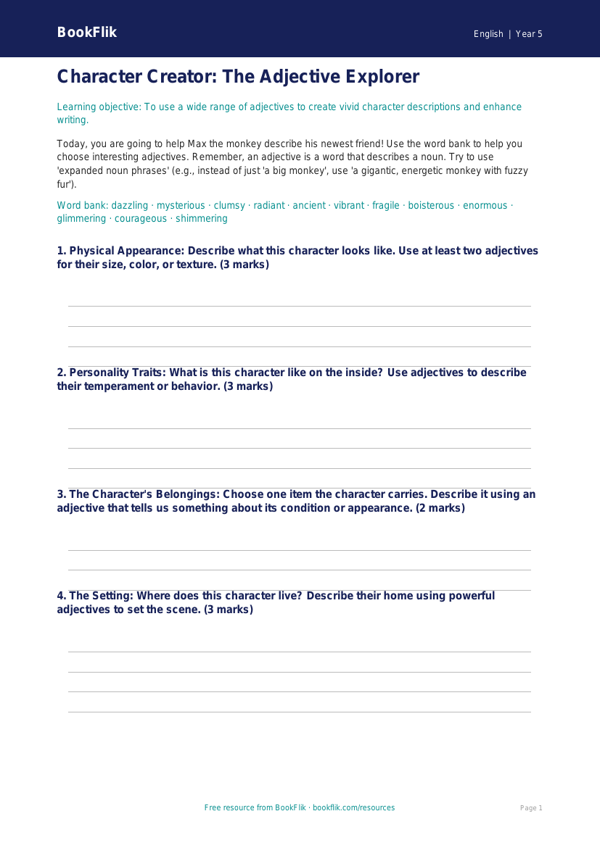 Free Adjectives Template | Grade 4 | ELA | BookFlik worksheet preview — English Adjectives
