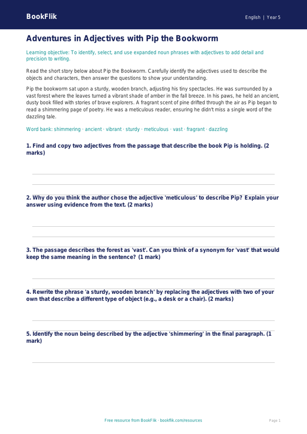 Free Adjectives Track Sheet | Grade 4 | ELA | BookFlik worksheet preview — English Adjectives