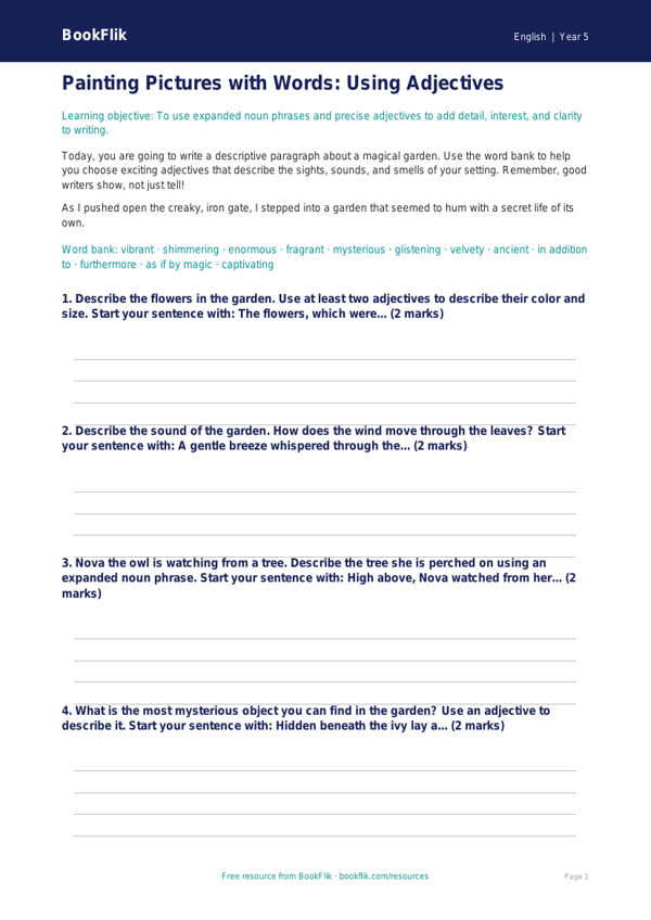 Free Adjectives Writing Frame | Grade 4 | ELA | BookFlik worksheet preview — English Adjectives