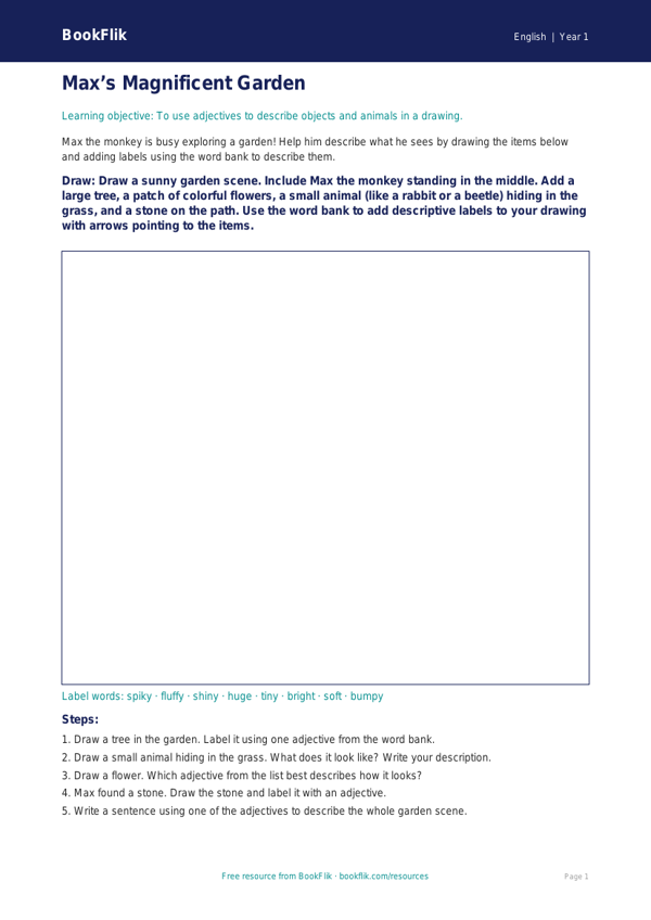 Free Adjectives Drawing Sheet | Kindergarten | ELA | BookFlik worksheet preview — English Adjectives