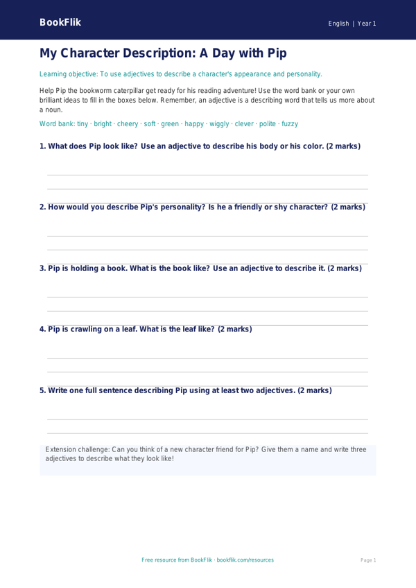 Free Adjectives Template | Kindergarten | ELA | BookFlik worksheet preview — English Adjectives