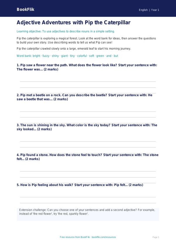 Free Adjectives Writing Frame | Kindergarten | ELA | BookFlik worksheet preview — English Adjectives