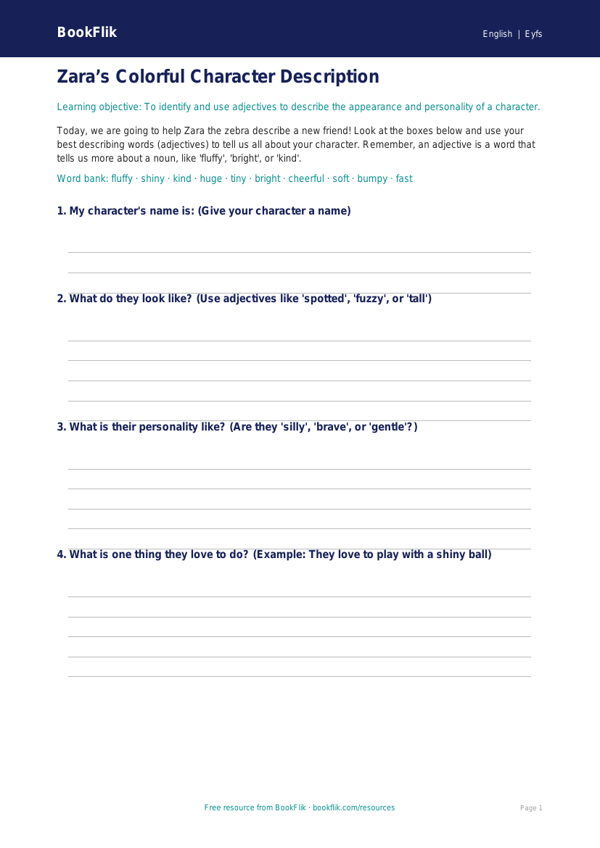 Free Adjectives Template | Pre-K | ELA | BookFlik worksheet preview — English Adjectives