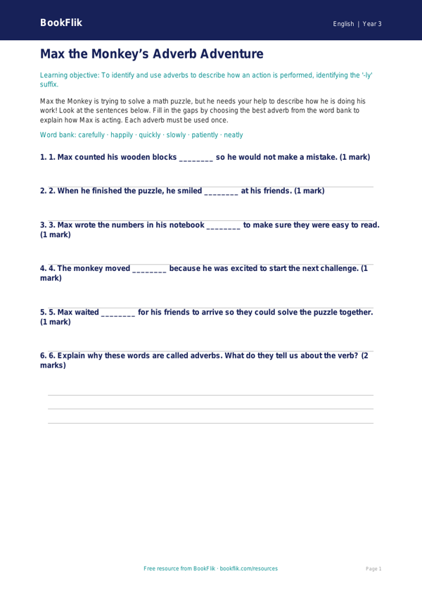 Free Adverbs Activity Sheet | Grade 2 | ELA | BookFlik worksheet preview — English Adverbs