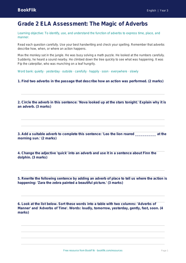 Free Adverbs Assessment | Grade 2 | ELA | BookFlik worksheet preview — English Adverbs