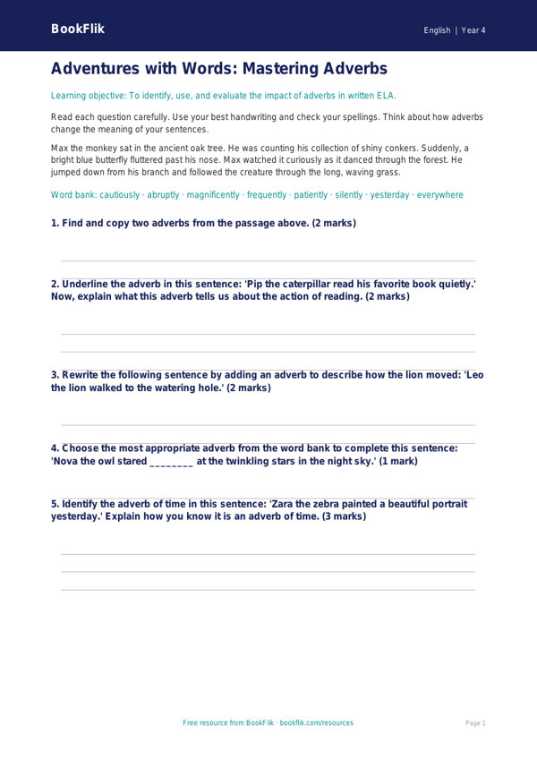 Free Adverbs Assessment | Grade 3 | ELA | BookFlik worksheet preview — English Adverbs