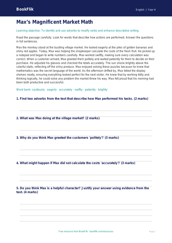 Free Adverbs Comprehension | Grade 3 | ELA | BookFlik worksheet preview — English Adverbs