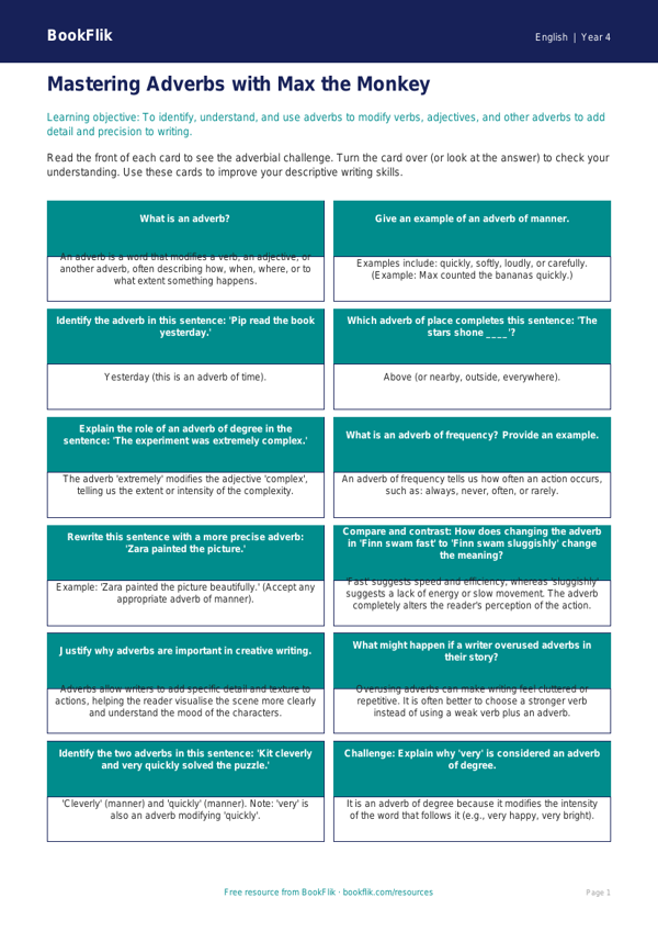 Free Adverbs Flashcards | Grade 3 | ELA | BookFlik worksheet preview — English Adverbs