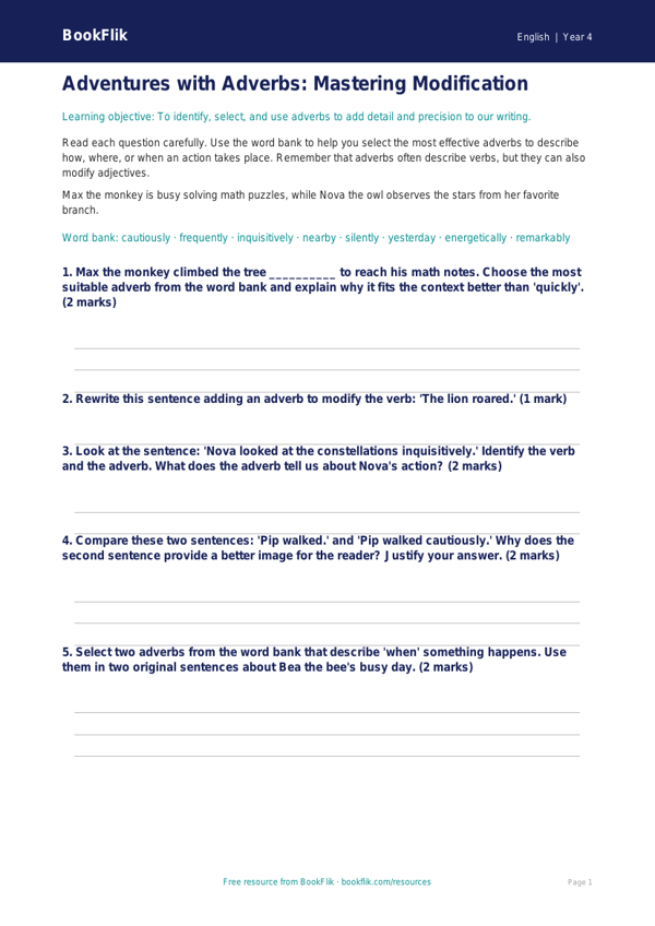 Free Adverbs Worksheet | Grade 3 | ELA | BookFlik worksheet preview — English Adverbs