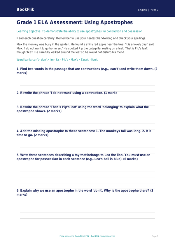 Free Apostrophes Assessment | Grade 1 | ELA | BookFlik worksheet preview — English Apostrophes